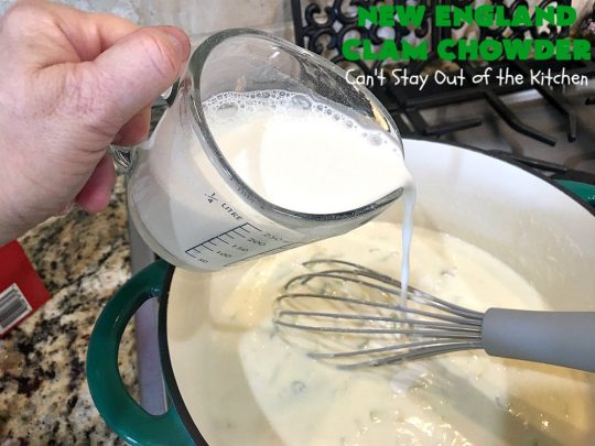New England Clam Chowder | Can't Stay Out of the Kitchen | this is the BEST #clamchowder #recipe ever! It's filled with minced #clams, leeks, #redpotatoes & seasoned wonderfully with chives, parsley & #OldBaySeasoning. It's marvelous comfort food for #fall. We always serve it with #OysterCrackers. #glutenfree #soup #NewEnglandClamChowder #glutenfreesoup