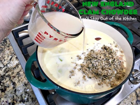 New England Clam Chowder | Can't Stay Out of the Kitchen | this is the BEST #clamchowder #recipe ever! It's filled with minced #clams, leeks, #redpotatoes & seasoned wonderfully with chives, parsley & #OldBaySeasoning. It's marvelous comfort food for #fall. We always serve it with #OysterCrackers. #glutenfree #soup #NewEnglandClamChowder #glutenfreesoup