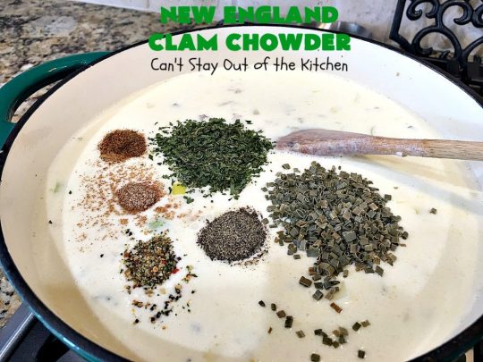 New England Clam Chowder | Can't Stay Out of the Kitchen | this is the BEST #clamchowder #recipe ever! It's filled with minced #clams, leeks, #redpotatoes & seasoned wonderfully with chives, parsley & #OldBaySeasoning. It's marvelous comfort food for #fall. We always serve it with #OysterCrackers. #glutenfree #soup #NewEnglandClamChowder #glutenfreesoup