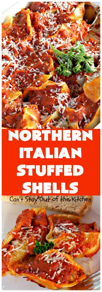 Northern Italian Stuffed Shells | Can't Stay Out of the Kitchen | tremendous #PaulaDeen #pasta #recipe that's out of this world! This one uses #beef, #spinach, both #creamcheese & #parmesancheese. Makes 2 large #casseroles so you can freeze one for later. #stuffedshells #Italian