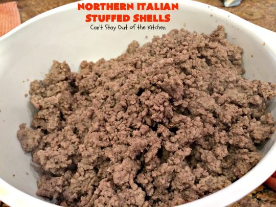 Northern Italian Stuffed Shells | Can't Stay Out of the Kitchen | tremendous #PaulaDeen #pasta #recipe that's out of this world! This one uses #beef, #spinach, both #creamcheese & #parmesancheese. Makes 2 large #casseroles so you can freeze one for later. #stuffedshells #Italian
