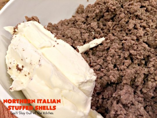 Northern Italian Stuffed Shells | Can't Stay Out of the Kitchen | tremendous #PaulaDeen #pasta #recipe that's out of this world! This one uses #beef, #spinach, both #creamcheese & #parmesancheese. Makes 2 large #casseroles so you can freeze one for later. #stuffedshells #Italian