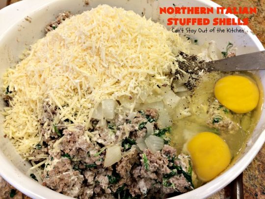 Northern Italian Stuffed Shells | Can't Stay Out of the Kitchen | tremendous #PaulaDeen #pasta #recipe that's out of this world! This one uses #beef, #spinach, both #creamcheese & #parmesancheese. Makes 2 large #casseroles so you can freeze one for later. #stuffedshells #Italian