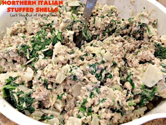 Northern Italian Stuffed Shells | Can't Stay Out of the Kitchen | tremendous #PaulaDeen #pasta #recipe that's out of this world! This one uses #beef, #spinach, both #creamcheese & #parmesancheese. Makes 2 large #casseroles so you can freeze one for later. #stuffedshells #Italian