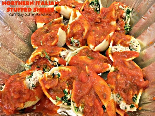 Northern Italian Stuffed Shells | Can't Stay Out of the Kitchen | tremendous #PaulaDeen #pasta #recipe that's out of this world! This one uses #beef, #spinach, both #creamcheese & #parmesancheese. Makes 2 large #casseroles so you can freeze one for later. #stuffedshells #Italian