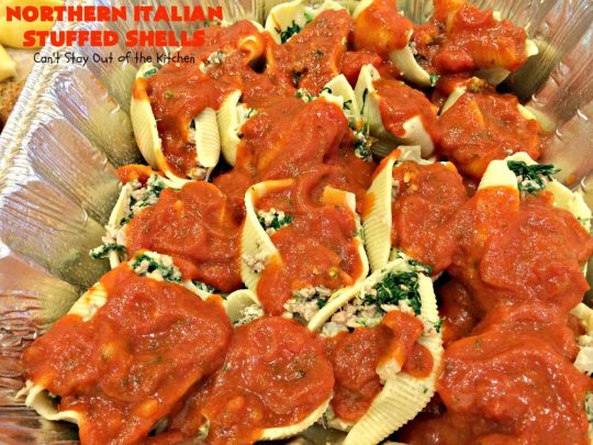 Northern Italian Stuffed Shells | Can't Stay Out of the Kitchen | tremendous #PaulaDeen #pasta #recipe that's out of this world! This one uses #beef, #spinach, both #creamcheese & #parmesancheese. Makes 2 large #casseroles so you can freeze one for later. #stuffedshells #Italian