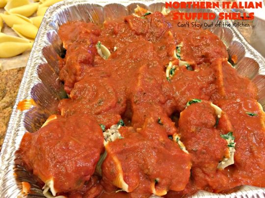 Northern Italian Stuffed Shells | Can't Stay Out of the Kitchen | tremendous #PaulaDeen #pasta #recipe that's out of this world! This one uses #beef, #spinach, both #creamcheese & #parmesancheese. Makes 2 large #casseroles so you can freeze one for later. #stuffedshells #Italian