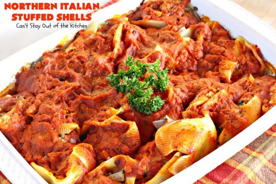 Northern Italian Stuffed Shells | Can't Stay Out of the Kitchen | tremendous #PaulaDeen #pasta #recipe that's out of this world! This one uses #beef, #spinach, both #creamcheese & #parmesancheese. Makes 2 large #casseroles so you can freeze one for later. #stuffedshells #Italian