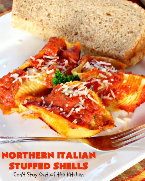 Northern Italian Stuffed Shells | Can't Stay Out of the Kitchen | tremendous #PaulaDeen #pasta #recipe that's out of this world! This one uses #beef, #spinach, both #creamcheese & #parmesancheese. Makes 2 large #casseroles so you can freeze one for later. #stuffedshells #Italian