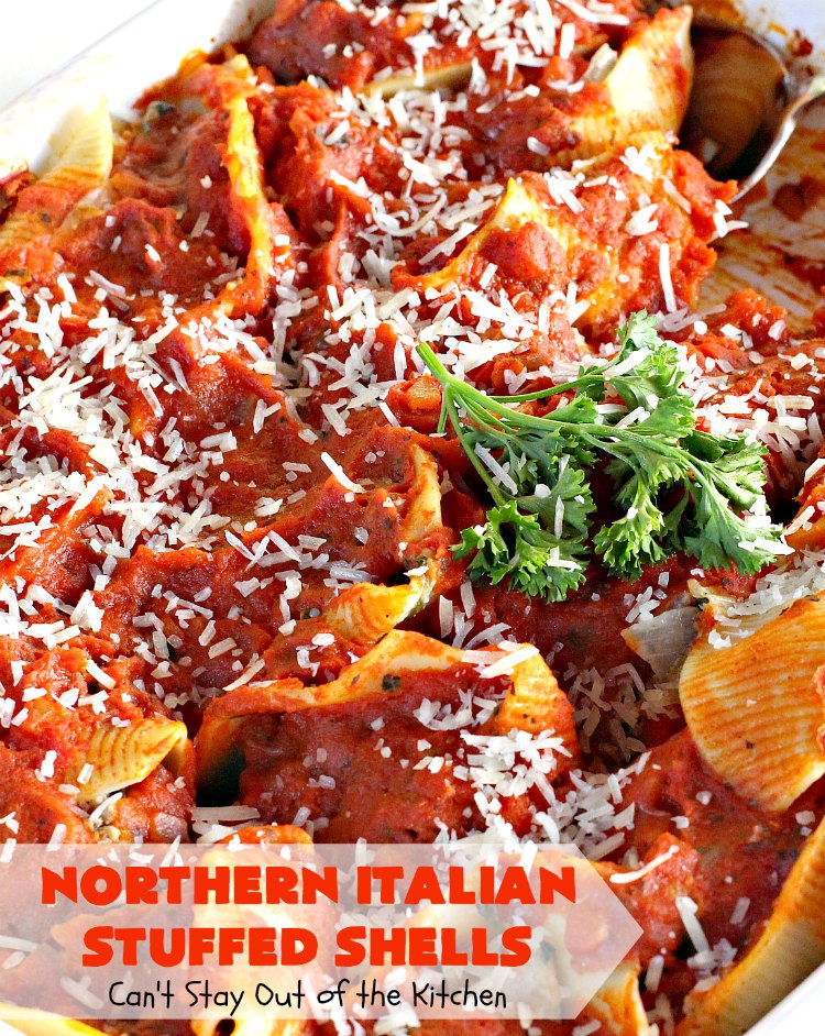 Northern Italian Stuffed Shells | Can't Stay Out of the Kitchen | tremendous #PaulaDeen #pasta #recipe that's out of this world! This one uses #beef, #spinach, both #creamcheese & #parmesancheese. Makes 2 large #casseroles so you can freeze one for later. #stuffedshells #Italian