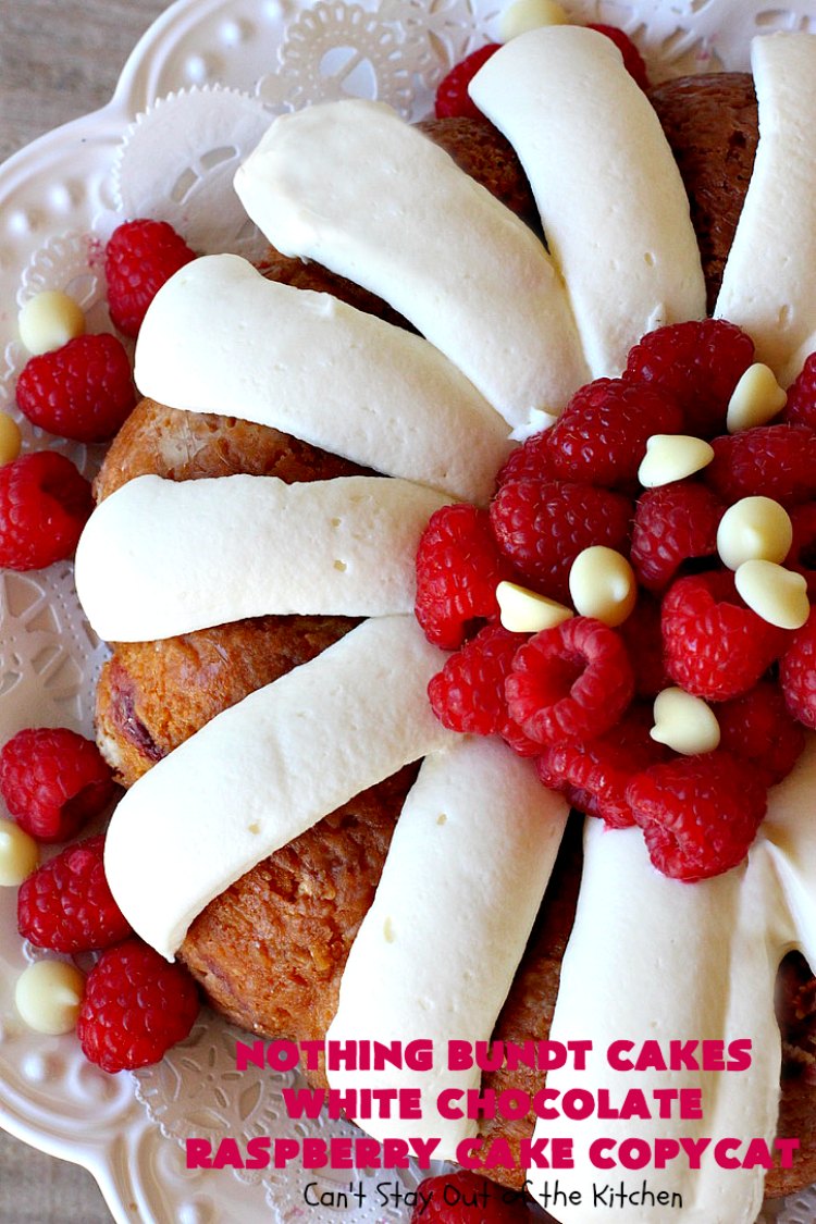 Nothing Bundt Cakes White Chocolate Raspberry Cake Copycat | Can't Stay Out of the Kitchen | this spectacular #CopycatRecipe will rock your world! #WhiteChocolate & #RaspberryPieFilling combined with #CreamCheese frosting make this a #dessert you won't be able to resist! #NothingBundtCakes #cake #holiday #ChocolateDessert #RaspberryDessert #HolidayDessert #NothingBundtCakesWhiteChocolateRaspberryCakeCopycat #recipe #copycat