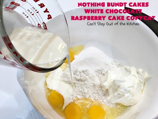 Nothing Bundt Cakes White Chocolate Raspberry Cake Copycat | Can't Stay Out of the Kitchen | this spectacular #CopycatRecipe will rock your world! #WhiteChocolate & #RaspberryPieFilling combined with #CreamCheese frosting make this a #dessert you won't be able to resist! #NothingBundtCakes #cake #holiday #ChocolateDessert #RaspberryDessert #HolidayDessert #NothingBundtCakesWhiteChocolateRaspberryCakeCopycat #recipe #copycat