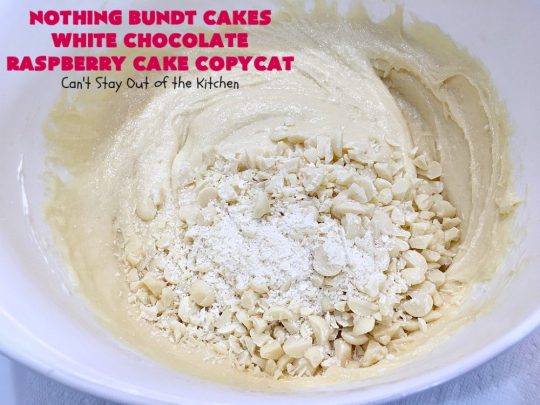 Nothing Bundt Cakes White Chocolate Raspberry Cake Copycat | Can't Stay Out of the Kitchen | this spectacular #CopycatRecipe will rock your world! #WhiteChocolate & #RaspberryPieFilling combined with #CreamCheese frosting make this a #dessert you won't be able to resist! #NothingBundtCakes #cake #holiday #ChocolateDessert #RaspberryDessert #HolidayDessert #NothingBundtCakesWhiteChocolateRaspberryCakeCopycat #recipe #copycat
