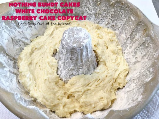 Nothing Bundt Cakes White Chocolate Raspberry Cake Copycat | Can't Stay Out of the Kitchen | this spectacular #CopycatRecipe will rock your world! #WhiteChocolate & #RaspberryPieFilling combined with #CreamCheese frosting make this a #dessert you won't be able to resist! #NothingBundtCakes #cake #holiday #ChocolateDessert #RaspberryDessert #HolidayDessert #NothingBundtCakesWhiteChocolateRaspberryCakeCopycat #recipe #copycat