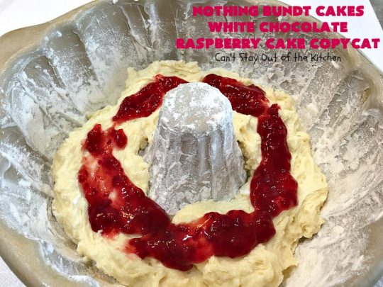 Nothing Bundt Cakes White Chocolate Raspberry Cake Copycat | Can't Stay Out of the Kitchen | this spectacular #CopycatRecipe will rock your world! #WhiteChocolate & #RaspberryPieFilling combined with #CreamCheese frosting make this a #dessert you won't be able to resist! #NothingBundtCakes #cake #holiday #ChocolateDessert #RaspberryDessert #HolidayDessert #NothingBundtCakesWhiteChocolateRaspberryCakeCopycat #recipe #copycat