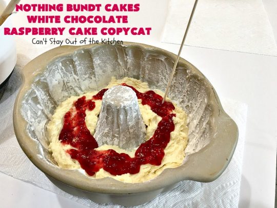 Nothing Bundt Cakes White Chocolate Raspberry Cake Copycat | Can't Stay Out of the Kitchen | this spectacular #CopycatRecipe will rock your world! #WhiteChocolate & #RaspberryPieFilling combined with #CreamCheese frosting make this a #dessert you won't be able to resist! #NothingBundtCakes #cake #holiday #ChocolateDessert #RaspberryDessert #HolidayDessert #NothingBundtCakesWhiteChocolateRaspberryCakeCopycat #recipe #copycat