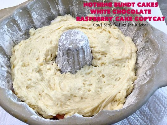 Nothing Bundt Cakes White Chocolate Raspberry Cake Copycat | Can't Stay Out of the Kitchen | this spectacular #CopycatRecipe will rock your world! #WhiteChocolate & #RaspberryPieFilling combined with #CreamCheese frosting make this a #dessert you won't be able to resist! #NothingBundtCakes #cake #holiday #ChocolateDessert #RaspberryDessert #HolidayDessert #NothingBundtCakesWhiteChocolateRaspberryCakeCopycat #recipe #copycat