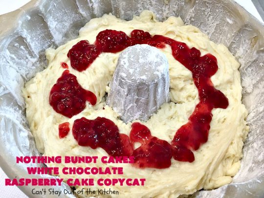 Nothing Bundt Cakes White Chocolate Raspberry Cake Copycat | Can't Stay Out of the Kitchen | this spectacular #CopycatRecipe will rock your world! #WhiteChocolate & #RaspberryPieFilling combined with #CreamCheese frosting make this a #dessert you won't be able to resist! #NothingBundtCakes #cake #holiday #ChocolateDessert #RaspberryDessert #HolidayDessert #NothingBundtCakesWhiteChocolateRaspberryCakeCopycat #recipe #copycat