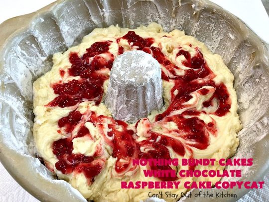 Nothing Bundt Cakes White Chocolate Raspberry Cake Copycat | Can't Stay Out of the Kitchen | this spectacular #CopycatRecipe will rock your world! #WhiteChocolate & #RaspberryPieFilling combined with #CreamCheese frosting make this a #dessert you won't be able to resist! #NothingBundtCakes #cake #holiday #ChocolateDessert #RaspberryDessert #HolidayDessert #NothingBundtCakesWhiteChocolateRaspberryCakeCopycat #recipe #copycat