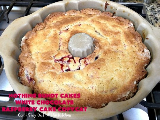 Nothing Bundt Cakes White Chocolate Raspberry Cake Copycat | Can't Stay Out of the Kitchen | this spectacular #CopycatRecipe will rock your world! #WhiteChocolate & #RaspberryPieFilling combined with #CreamCheese frosting make this a #dessert you won't be able to resist! #NothingBundtCakes #cake #holiday #ChocolateDessert #RaspberryDessert #HolidayDessert #NothingBundtCakesWhiteChocolateRaspberryCakeCopycat #recipe #copycat