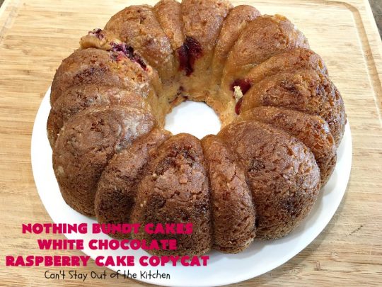 Nothing Bundt Cakes White Chocolate Raspberry Cake Copycat | Can't Stay Out of the Kitchen | this spectacular #CopycatRecipe will rock your world! #WhiteChocolate & #RaspberryPieFilling combined with #CreamCheese frosting make this a #dessert you won't be able to resist! #NothingBundtCakes #cake #holiday #ChocolateDessert #RaspberryDessert #HolidayDessert #NothingBundtCakesWhiteChocolateRaspberryCakeCopycat #recipe #copycat