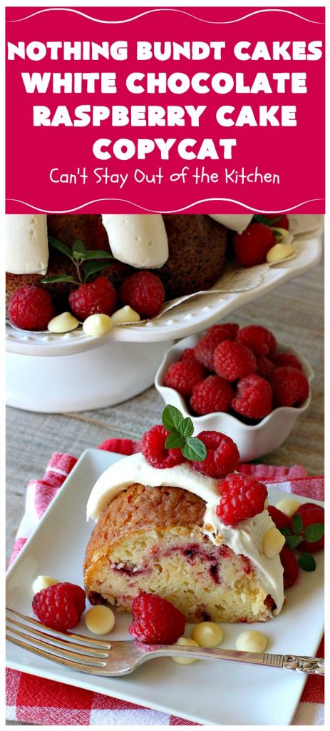 Nothing Bundt Cakes White Chocolate Raspberry Cake Copycat | Can't Stay Out of the Kitchen | this spectacular #CopycatRecipe will rock your world! #WhiteChocolate & #RaspberryPieFilling combined with #CreamCheese frosting make this a #dessert you won't be able to resist! #NothingBundtCakes #cake #holiday #ChocolateDessert #RaspberryDessert #HolidayDessert #NothingBundtCakesWhiteChocolateRaspberryCakeCopycat #recipe #copycat