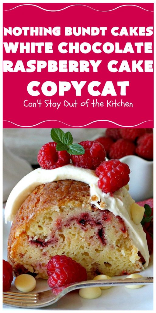 Nothing Bundt Cakes White Chocolate Raspberry Cake Copycat | Can't Stay Out of the Kitchen | this spectacular #CopycatRecipe will rock your world! #WhiteChocolate & #RaspberryPieFilling combined with #CreamCheese frosting make this a #dessert you won't be able to resist! #NothingBundtCakes #cake #holiday #ChocolateDessert #RaspberryDessert #HolidayDessert #NothingBundtCakesWhiteChocolateRaspberryCakeCopycat #recipe #copycat