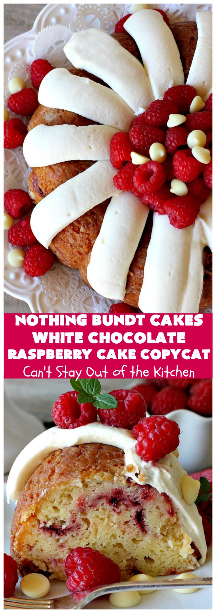 Nothing Bundt Cakes White Chocolate Raspberry Cake Copycat | Can't Stay Out of the Kitchen | this spectacular #CopycatRecipe will rock your world! #WhiteChocolate & #RaspberryPieFilling combined with #CreamCheese frosting make this a #dessert you won't be able to resist! #NothingBundtCakes #cake #holiday #ChocolateDessert #RaspberryDessert #HolidayDessert #NothingBundtCakesWhiteChocolateRaspberryCakeCopycat #recipe #copycat