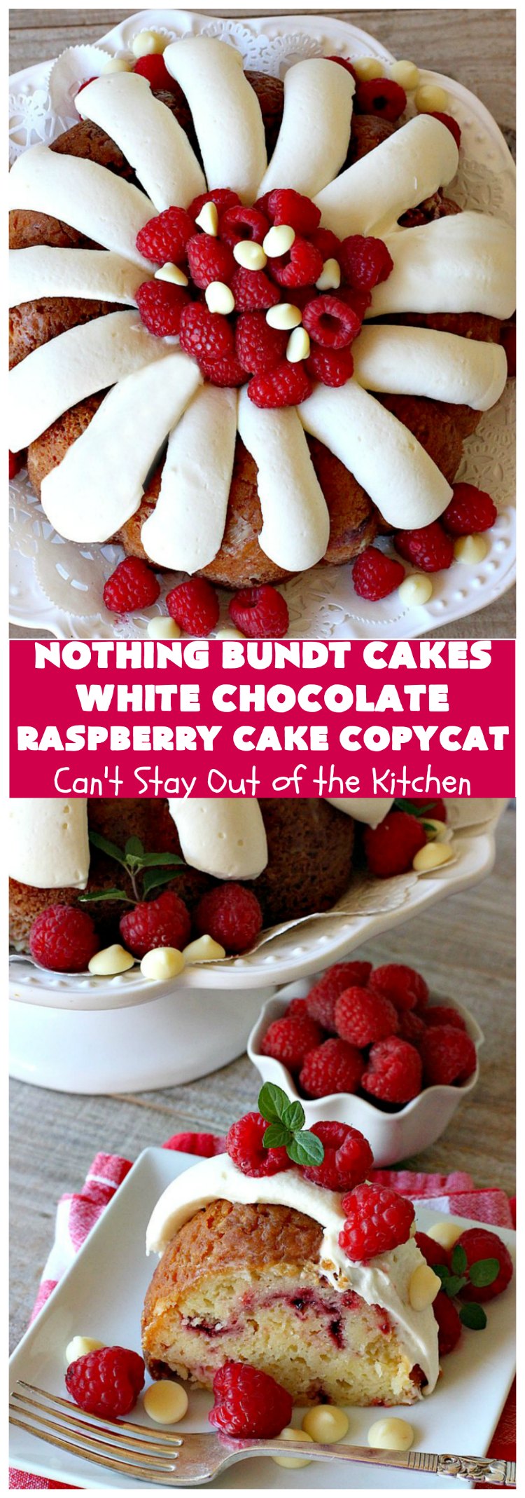 Nothing Bundt Cakes White Chocolate Raspberry Cake Copycat | Can't Stay Out of the Kitchen | this spectacular #CopycatRecipe will rock your world! #WhiteChocolate & #RaspberryPieFilling combined with #CreamCheese frosting make this a #dessert you won't be able to resist! #NothingBundtCakes #cake #holiday #ChocolateDessert #RaspberryDessert #HolidayDessert #NothingBundtCakesWhiteChocolateRaspberryCakeCopycat #recipe #copycat