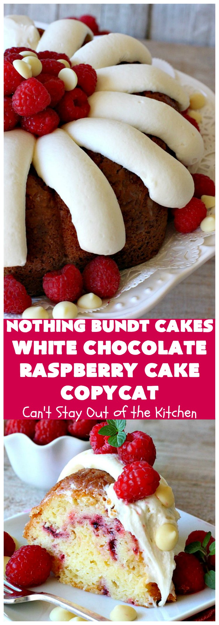 Nothing Bundt Cakes White Chocolate Raspberry Cake Copycat | Can't Stay Out of the Kitchen | this spectacular #CopycatRecipe will rock your world! #WhiteChocolate & #RaspberryPieFilling combined with #CreamCheese frosting make this a #dessert you won't be able to resist! #NothingBundtCakes #cake #holiday #ChocolateDessert #RaspberryDessert #HolidayDessert #NothingBundtCakesWhiteChocolateRaspberryCakeCopycat #recipe #copycat