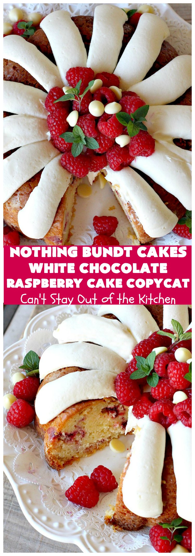 Nothing Bundt Cakes White Chocolate Raspberry Cake Copycat | Can't Stay Out of the Kitchen | this spectacular #CopycatRecipe will rock your world! #WhiteChocolate & #RaspberryPieFilling combined with #CreamCheese frosting make this a #dessert you won't be able to resist! #NothingBundtCakes #cake #holiday #ChocolateDessert #RaspberryDessert #HolidayDessert #NothingBundtCakesWhiteChocolateRaspberryCakeCopycat #recipe #copycat