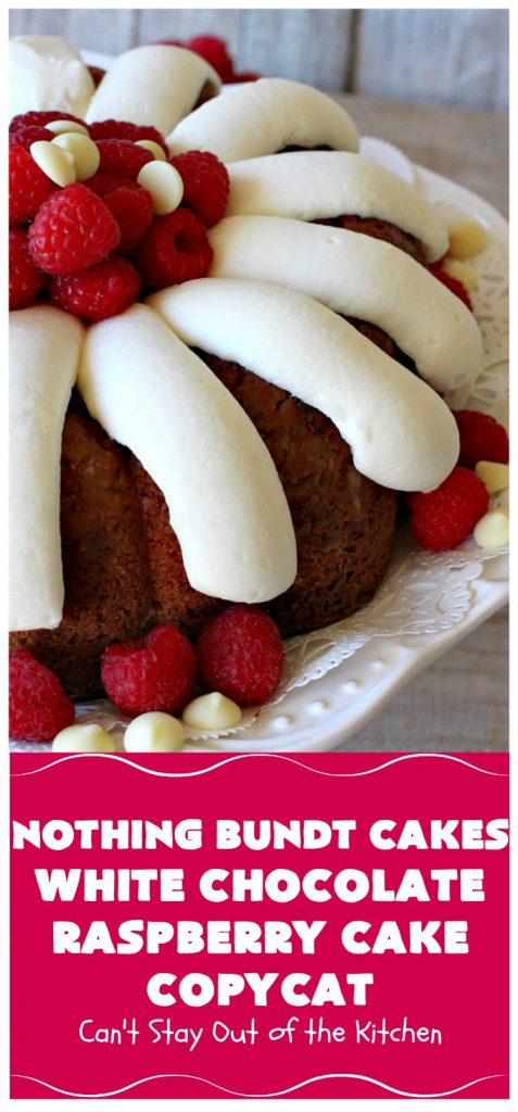 Nothing Bundt Cakes White Chocolate Raspberry Cake Copycat | Can't Stay Out of the Kitchen | this spectacular #CopycatRecipe will rock your world! #WhiteChocolate & #RaspberryPieFilling combined with #CreamCheese frosting make this a #dessert you won't be able to resist! #NothingBundtCakes #cake #holiday #ChocolateDessert #RaspberryDessert #HolidayDessert #NothingBundtCakesWhiteChocolateRaspberryCakeCopycat #recipe #copycat