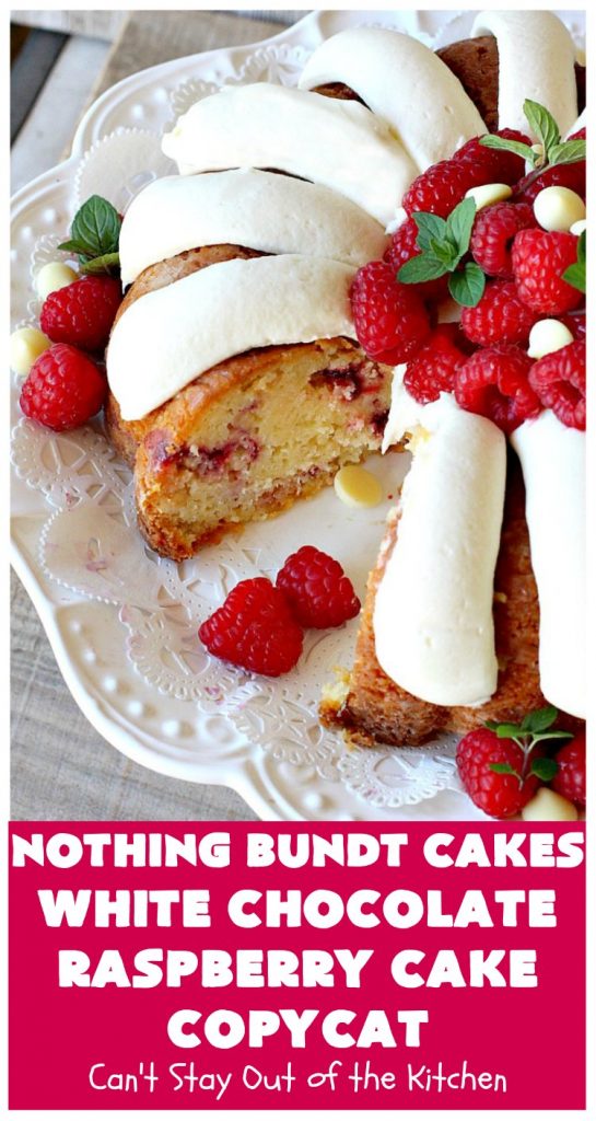 Nothing Bundt Cakes White Chocolate Raspberry Cake Copycat | Can't Stay Out of the Kitchen | this spectacular #CopycatRecipe will rock your world! #WhiteChocolate & #RaspberryPieFilling combined with #CreamCheese frosting make this a #dessert you won't be able to resist! #NothingBundtCakes #cake #holiday #ChocolateDessert #RaspberryDessert #HolidayDessert #NothingBundtCakesWhiteChocolateRaspberryCakeCopycat #recipe #copycat