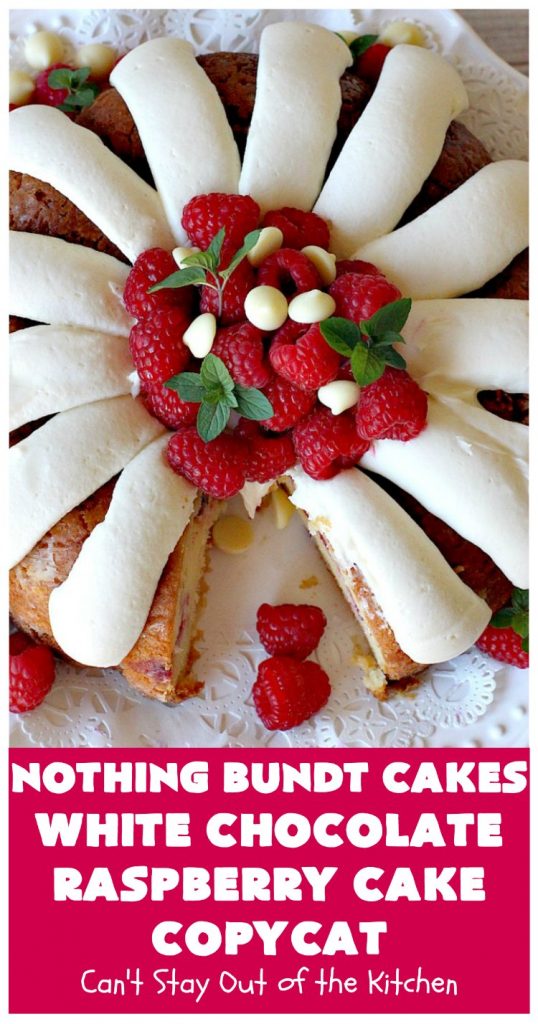 Nothing Bundt Cakes White Chocolate Raspberry Cake Copycat | Can't Stay Out of the Kitchen | this spectacular #CopycatRecipe will rock your world! #WhiteChocolate & #RaspberryPieFilling combined with #CreamCheese frosting make this a #dessert you won't be able to resist! #NothingBundtCakes #cake #holiday #ChocolateDessert #RaspberryDessert #HolidayDessert #NothingBundtCakesWhiteChocolateRaspberryCakeCopycat #recipe #copycat