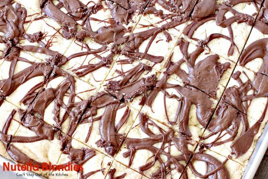 Nutella Blondies | Can't Stay Out of the Kitchen | These lovely shortbread #cookies have #Nutella swirled on top for a delicious #chocolate & #hazelnut flavor. #dessert