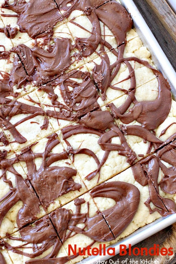 Nutella Blondies | Can't Stay Out of the Kitchen | These lovely shortbread #cookies have #Nutella swirled on top for a delicious #chocolate & #hazelnut flavor. #dessert