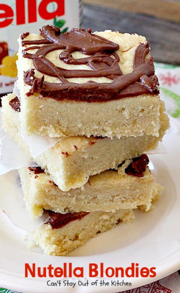 Nutella Blondies | Can't Stay Out of the Kitchen | These lovely shortbread #cookies have #Nutella swirled on top for a delicious #chocolate & #hazelnut flavor. #dessert