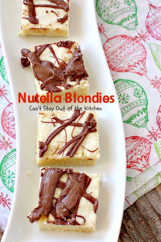 Nutella Blondies | Can't Stay Out of the Kitchen | These lovely shortbread #cookies have #Nutella swirled on top for a delicious #chocolate & #hazelnut flavor. #dessert