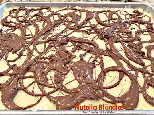 Nutella Blondies | Can't Stay Out of the Kitchen | These lovely shortbread #cookies have #Nutella swirled on top for a delicious #chocolate & #hazelnut flavor. #dessert