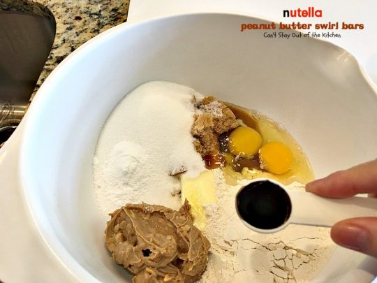 Nutella Peanut Butter Swirl Bars | Can't Stay Out of the Kitchen | these fantastic #brownies use a #peanutbutter #cookie dough with #Nutella swirled into the batter. This #dessert is heavenly! #tailgating