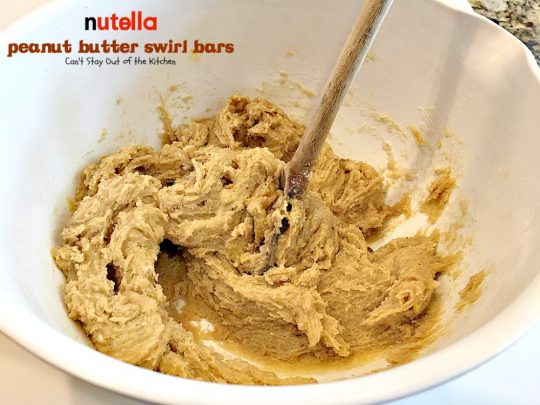 Nutella Peanut Butter Swirl Bars | Can't Stay Out of the Kitchen | these fantastic #brownies use a #peanutbutter #cookie dough with #Nutella swirled into the batter. This #dessert is heavenly! #tailgating
