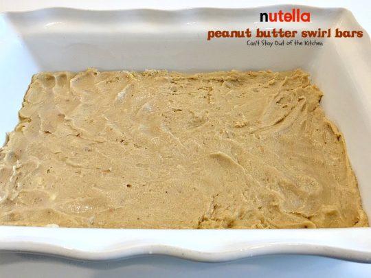 Nutella Peanut Butter Swirl Bars | Can't Stay Out of the Kitchen | these fantastic #brownies use a #peanutbutter #cookie dough with #Nutella swirled into the batter. This #dessert is heavenly! #tailgating