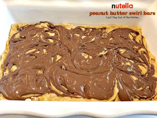 Nutella Peanut Butter Swirl Bars | Can't Stay Out of the Kitchen | these fantastic #brownies use a #peanutbutter #cookie dough with #Nutella swirled into the batter. This #dessert is heavenly! #tailgating