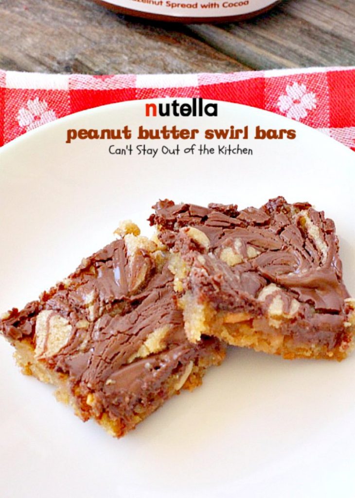 Nutella Peanut Butter Swirl Bars | Can't Stay Out of the Kitchen | these fantastic #brownies use a #peanutbutter #cookie dough with #Nutella swirled into the batter. This #dessert is heavenly! #tailgating