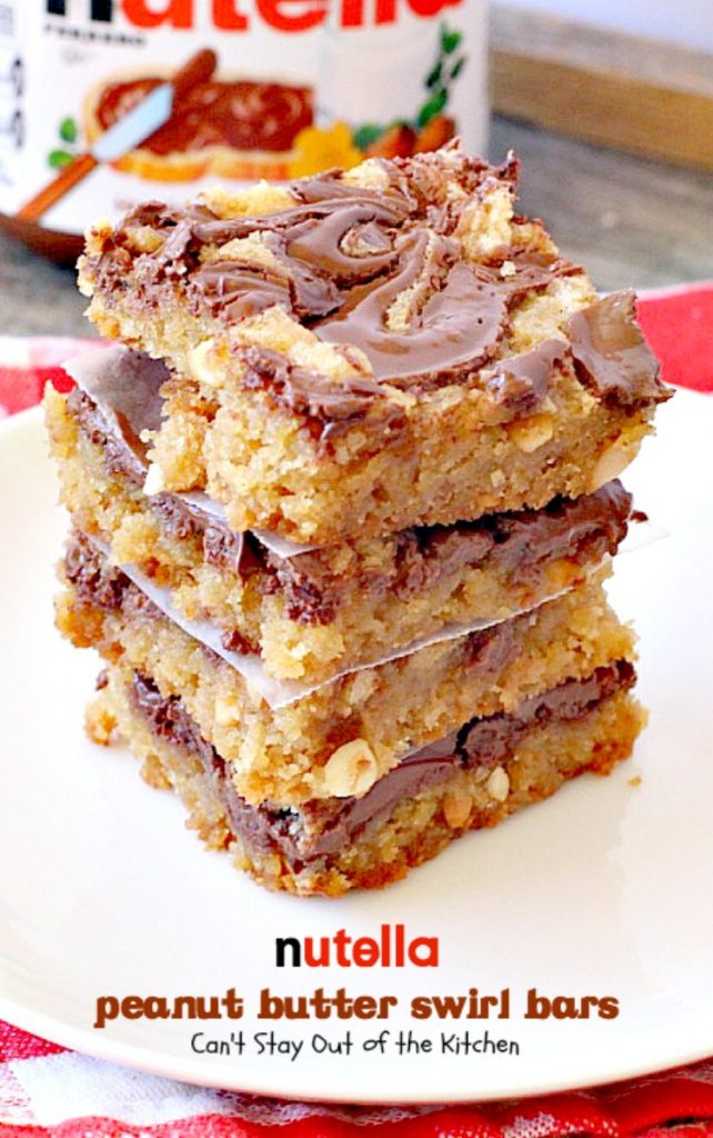 Nutella Peanut Butter Swirl Bars | Can't Stay Out of the Kitchen | these fantastic #brownies use a #peanutbutter #cookie dough with #Nutella swirled into the batter. This #dessert is heavenly! #tailgating