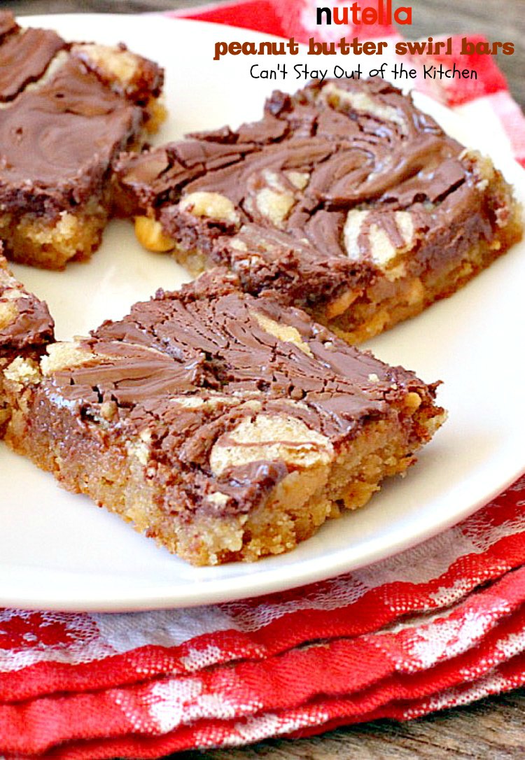 Nutella Peanut Butter Swirl Bars | Can't Stay Out of the Kitchen | these fantastic #brownies use a #peanutbutter #cookie dough with #Nutella swirled into the batter. This #dessert is heavenly! #tailgating