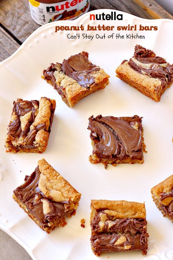 Nutella Peanut Butter Swirl Bars | Can't Stay Out of the Kitchen | these fantastic #brownies use a #peanutbutter #cookie dough with #Nutella swirled into the batter. This #dessert is heavenly! #tailgating