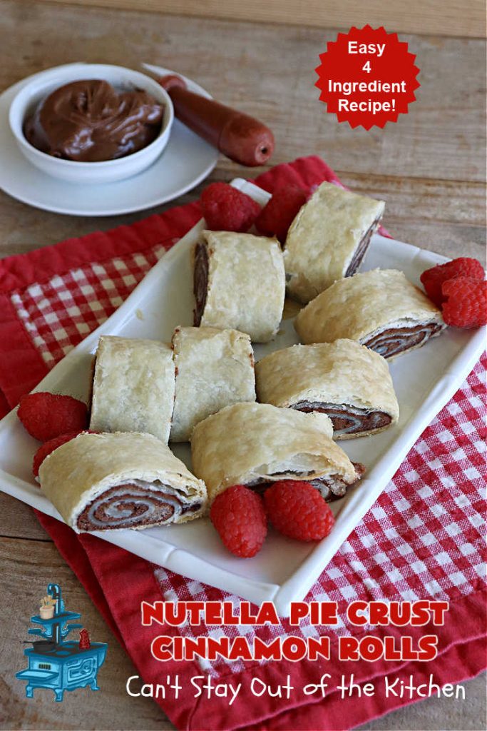 Nutella Pie Crust Cinnamon Rolls | Can't Stay Out of the Kitchen | Enjoy the wonderful flavors of #Nutella & #cinnamon spread on #PieCrust in this easy, #4Ingredient #recipe. Great #breakfast or #brunch #entree for company or #holidays. Or surprise everyone with these #CinnamonRolls at #tailgating parties & #potlucks. Everyone will want seconds! #PieCrustCinnamonRolls #chocolate #NutellaPieCrustCinnamonRolls