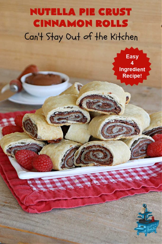 Nutella Pie Crust Cinnamon Rolls | Can't Stay Out of the Kitchen | Enjoy the wonderful flavors of #Nutella & #cinnamon spread on #PieCrust in this easy, #4Ingredient #recipe. Great #breakfast or #brunch #entree for company or #holidays. Or surprise everyone with these #CinnamonRolls at #tailgating parties & #potlucks. Everyone will want seconds! #PieCrustCinnamonRolls #chocolate #NutellaPieCrustCinnamonRolls