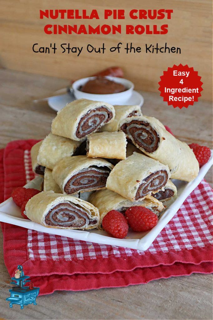 Nutella Pie Crust Cinnamon Rolls | Can't Stay Out of the Kitchen | Enjoy the wonderful flavors of #Nutella & #cinnamon spread on #PieCrust in this easy, #4Ingredient #recipe. Great #breakfast or #brunch #entree for company or #holidays. Or surprise everyone with these #CinnamonRolls at #tailgating parties & #potlucks. Everyone will want seconds! #PieCrustCinnamonRolls #chocolate #NutellaPieCrustCinnamonRolls
